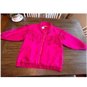 Robert Stock Vintage 80s Quilted Fringe Jacket Magenta Silk Bomber Women's 1X